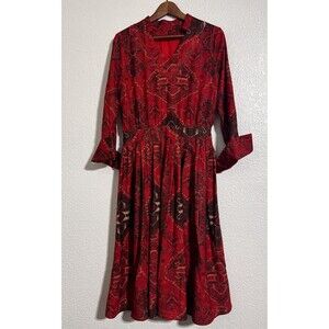Stylewe Southwestern Navajo Red Long Sleeve Midi V Neck Dress M
